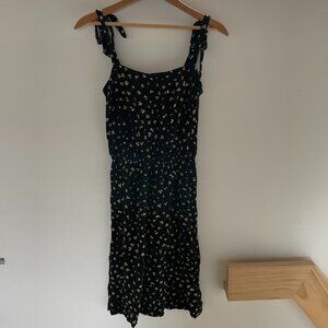 H&M Black Yellow Ditsy Floral Tie Straps Tiered Midi Dress Smocked Waist Size 8